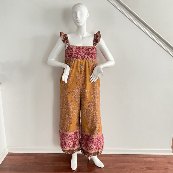 New Free People Bali Albright Boho Paisley Jumpsuit In Gold Combo M - Picture 15 of 16